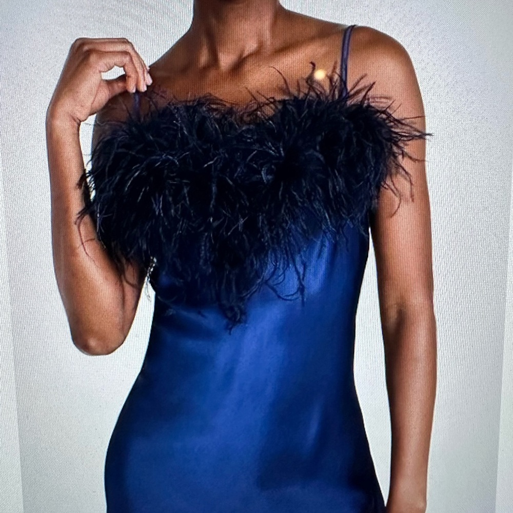 Sleeper Boheme Navy Blue Feather-Trimmed Dress.  Medium.
